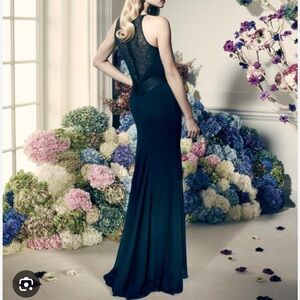 Zac Posen Plunge Neckline Lace Sheer Back Silk Buttons Fit & Flare Chiffon Gown